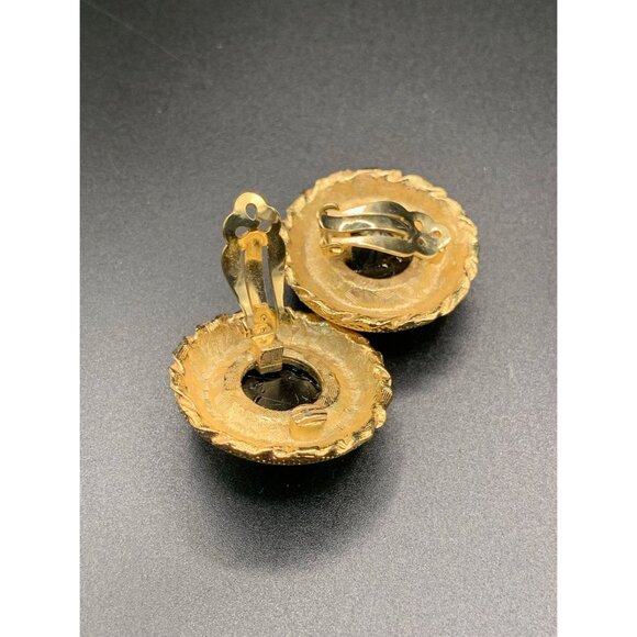 Classic Clip On Earrings Black and Matte Gold-Tone Round Domed 80s Earrings - Picture 4 of 5